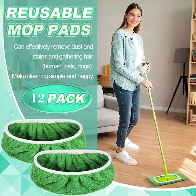 12 Pack Reusable Microfiber Mop Pads, Washable Wet & Dry Cleaning Cloths for Flat Mop, Replacement Mop Pads