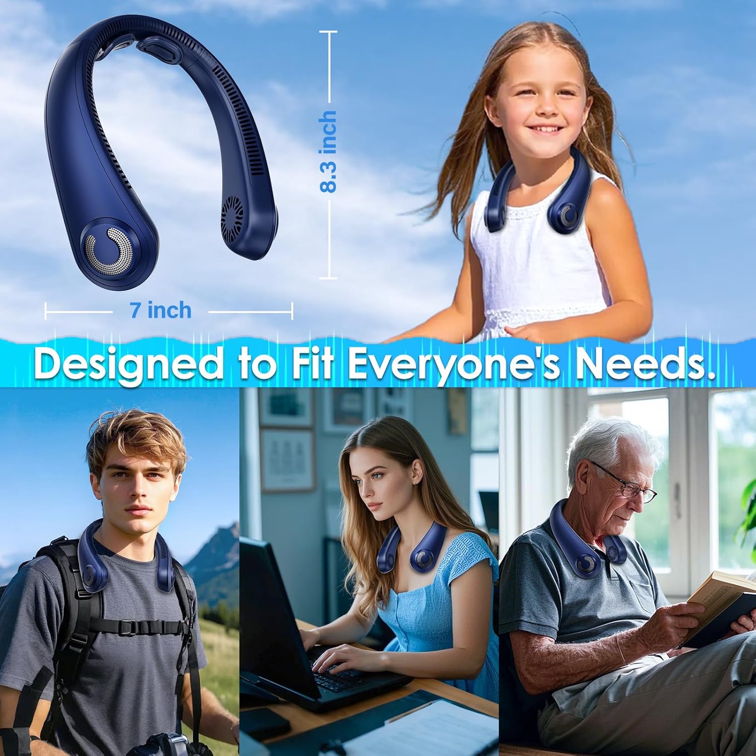 Portable Lightweight Neck Fan with Neck Support, Birthday Gifts for Men Women Dad Mom, Rechargeable Personal Wearable Cooling Neck Fans for Hot Flashes, Disneyland, Travel, Camping Essentials